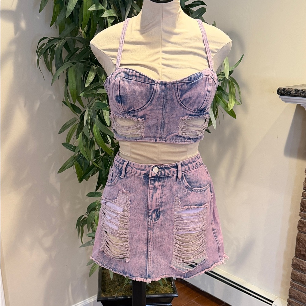 Fashion Nova Pink Distressed Denim Crop Top and Skirt Set